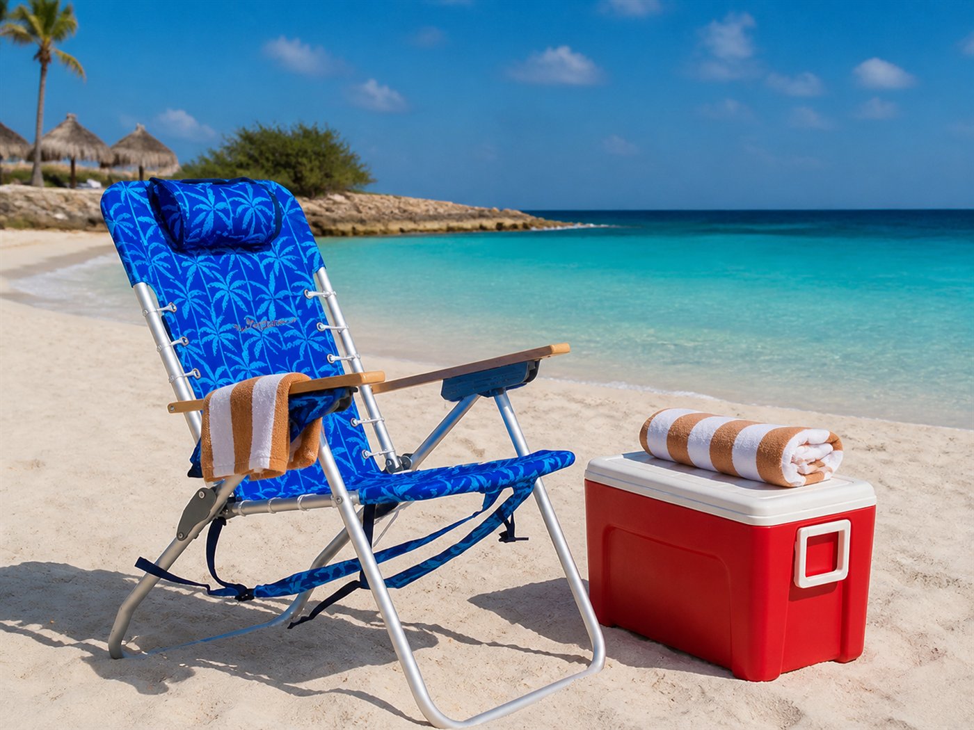 Blue beach chair, red cooler, and striped towels ready at Arashi Beach