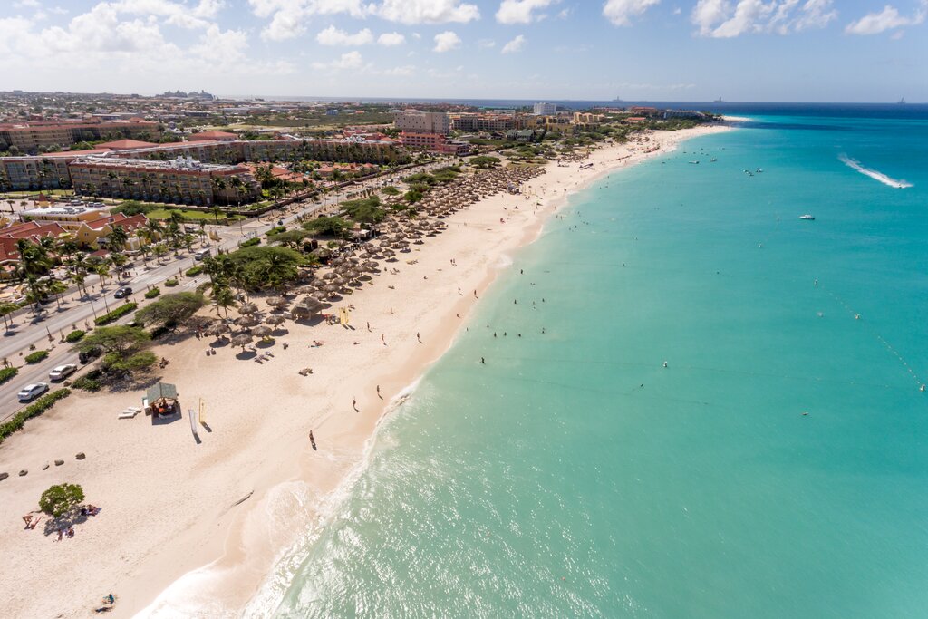 Aerial view along Eagle Beach and Aruba's turquoise coast