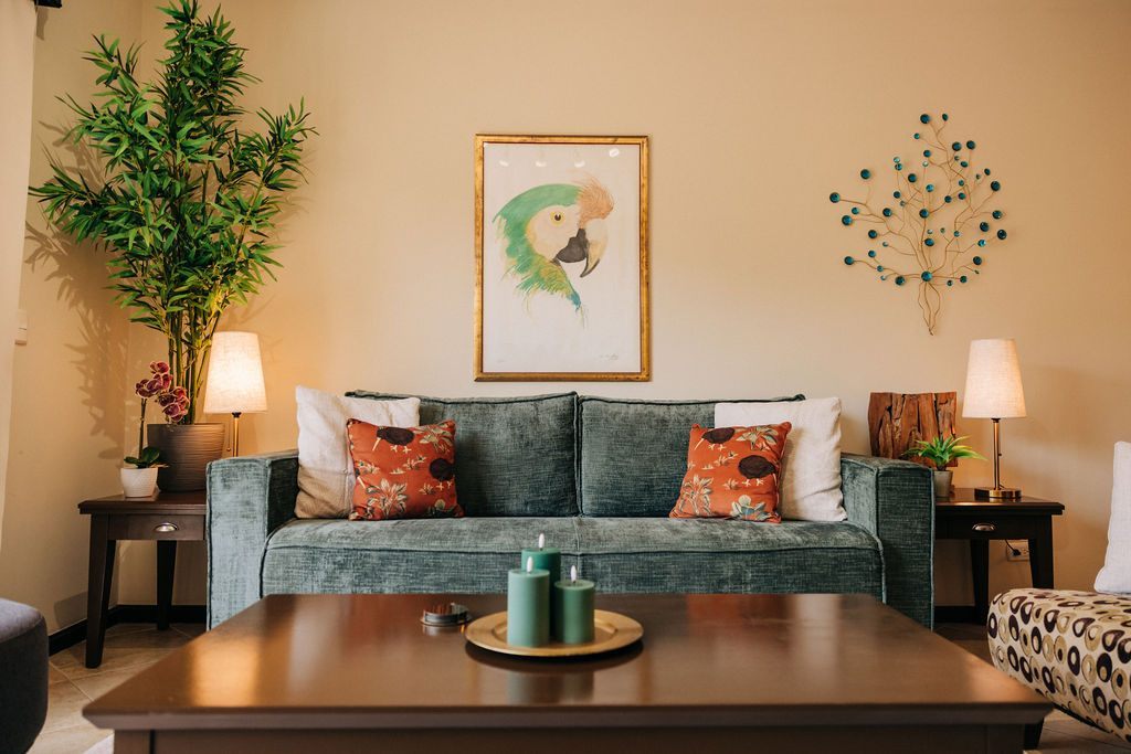 Comfortable sofa and patterned chair