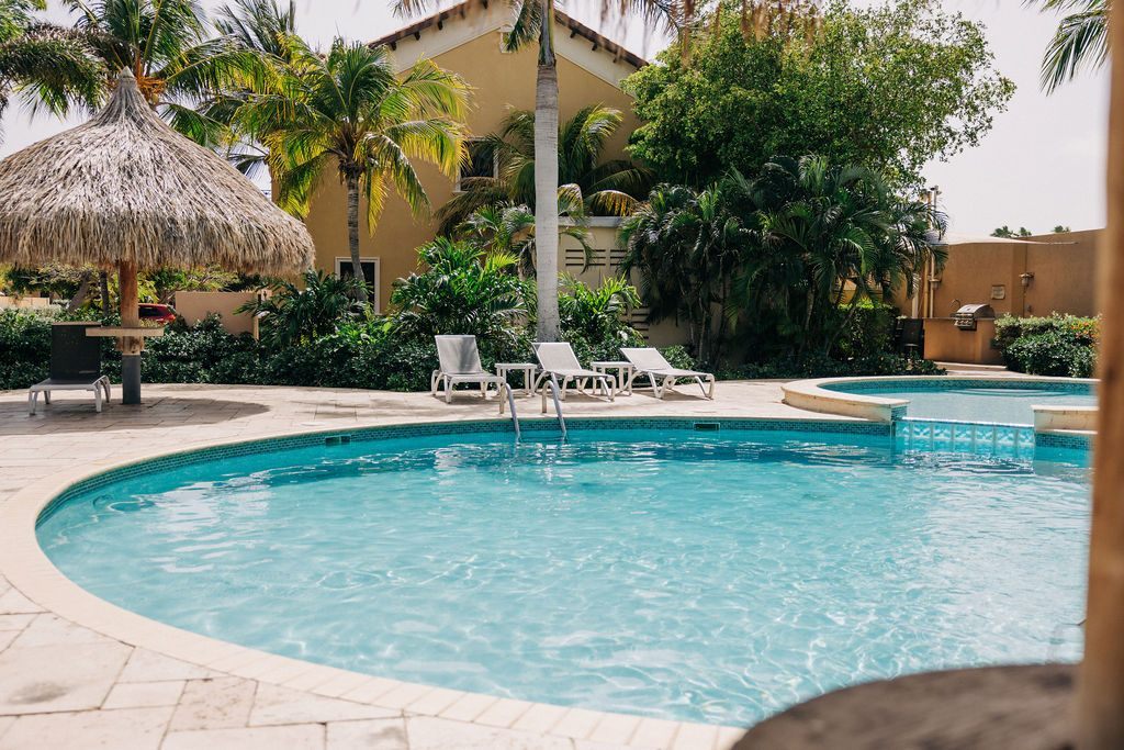 Curved pool in tropical gardens