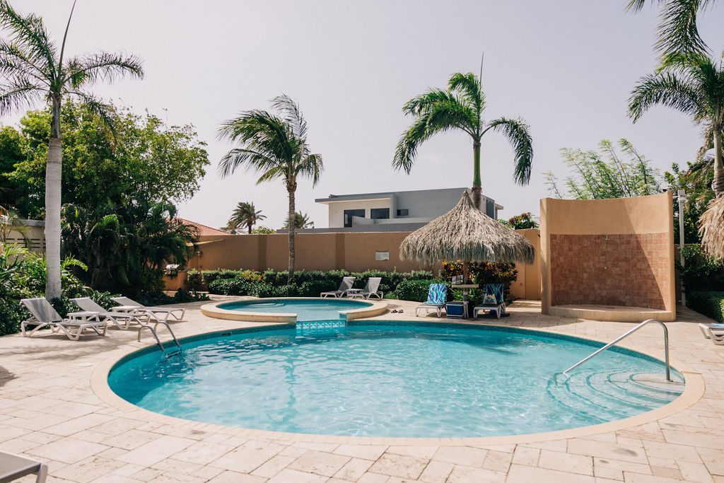 Pool with loungers and shaded palapa
