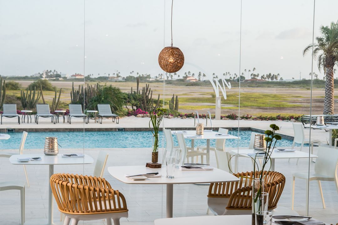 Restaurant overlooking a swimming pool