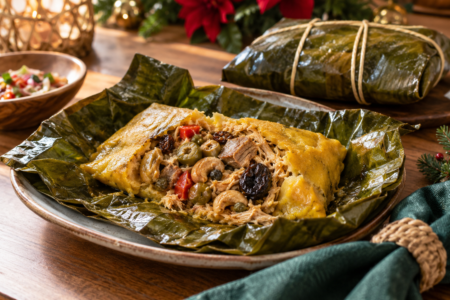 Traditional Aruban ayaca opened on a banana leaf